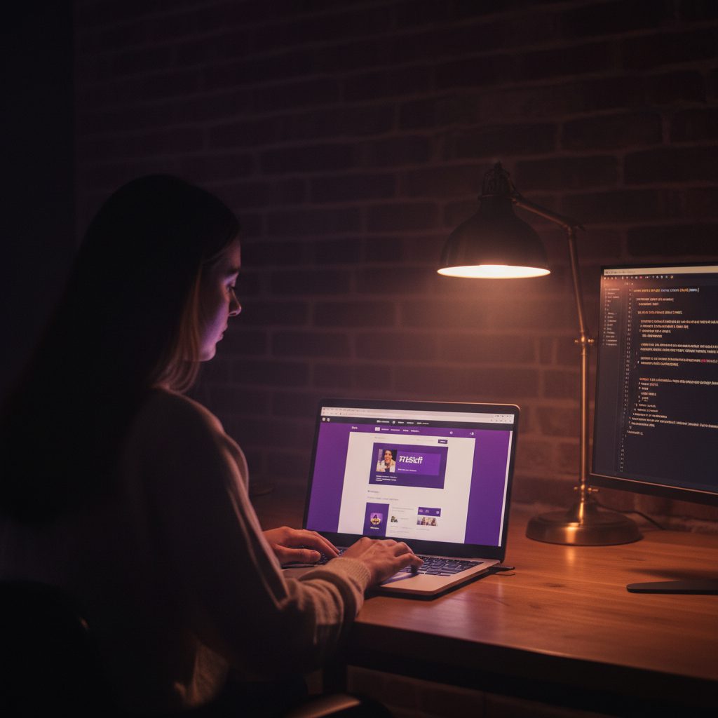 A designer at a warm, dimly lit desk building a custom website, screen glowing violet
